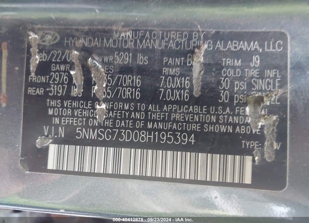 2008 HYUNDAI SANTA FE GLS VIN: 5NMSG73D08H195394