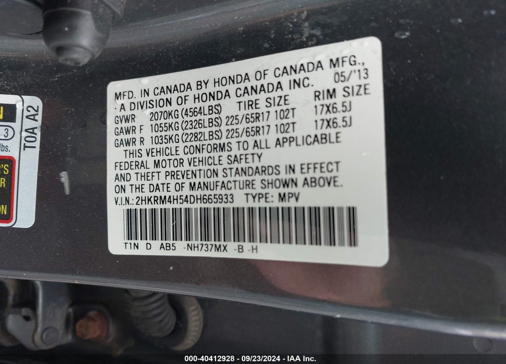 2013 HONDA CR-V EX VIN: 2HKRM4H54DH665933