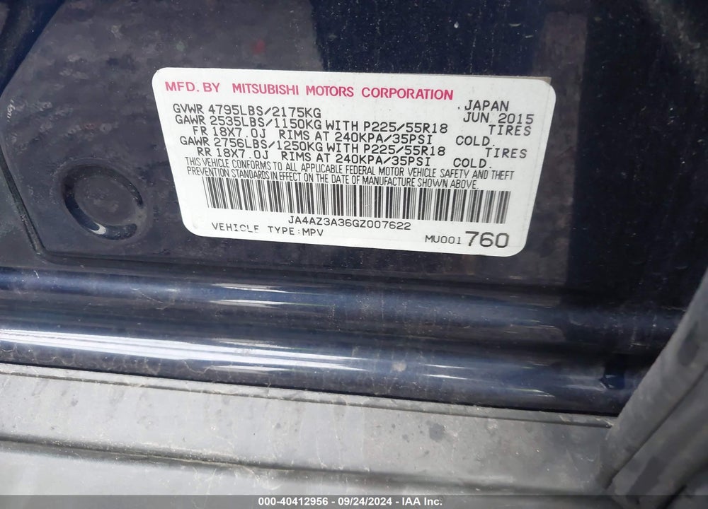 2016 MITSUBISHI OUTLANDER VIN: JA4AZ3A36GZ007622