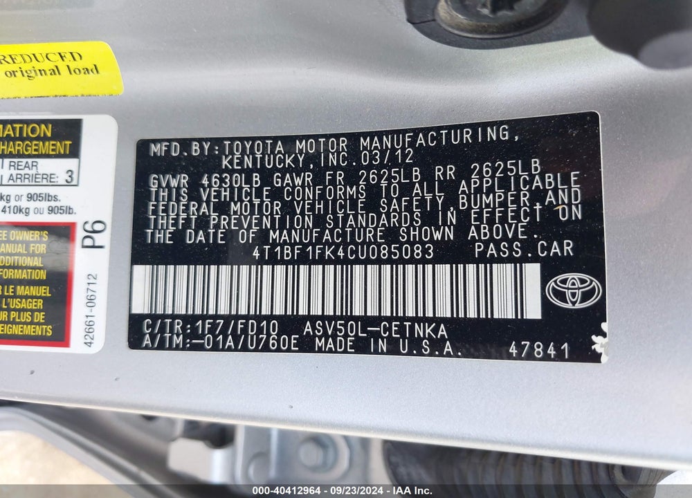 2012 TOYOTA CAMRY LE VIN: 4T1BF1FK4CU085083