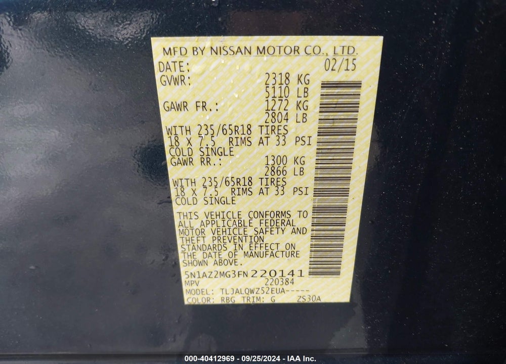 2015 NISSAN MURANO SV VIN: 5N1AZ2MG3FN220141