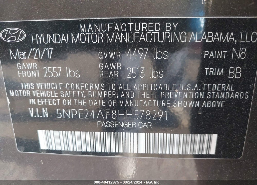 2017 HYUNDAI SONATA VIN: 5NPE24AF8HH578291