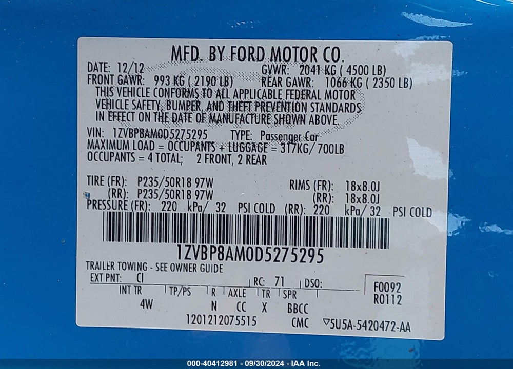2013 FORD MUSTANG V6 PREMIUM VIN: 1ZVBP8AM0D5275295