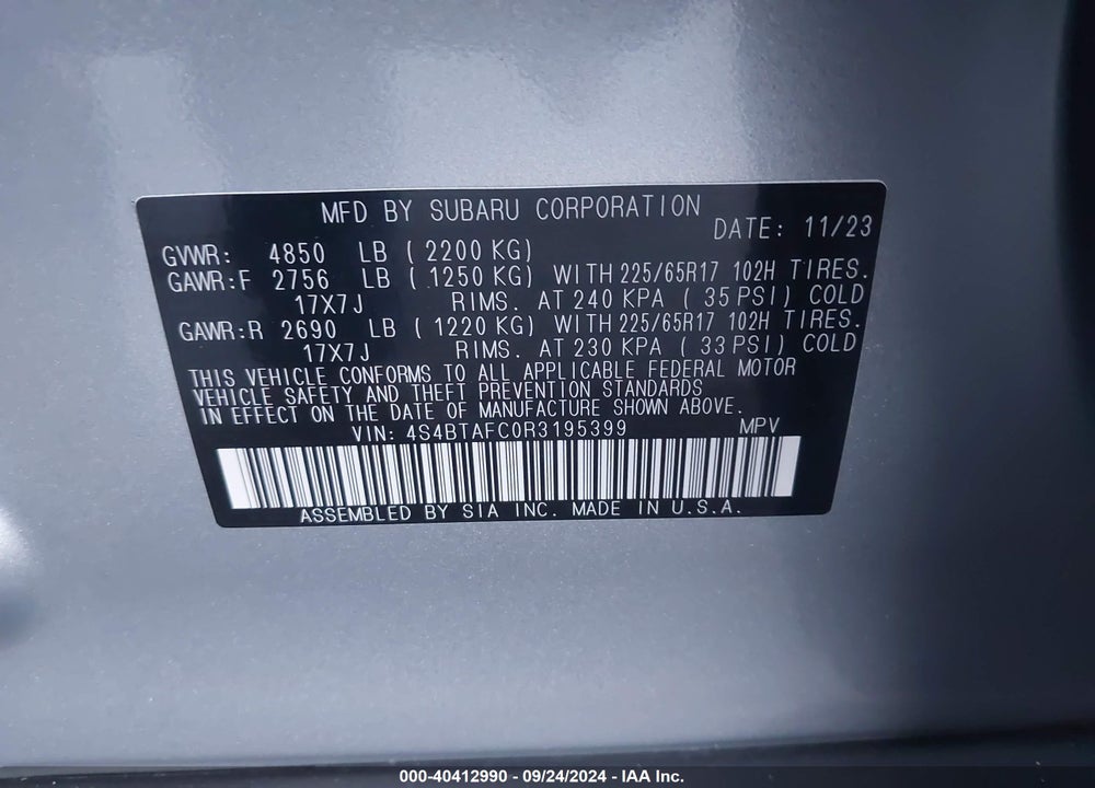 2024 SUBARU OUTBACK VIN: 4S4BTAFC0R3195399