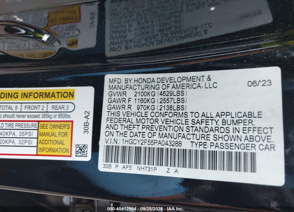 2023 HONDA ACCORD HYBRID SPORT VIN: 1HGCY2F55PA043288