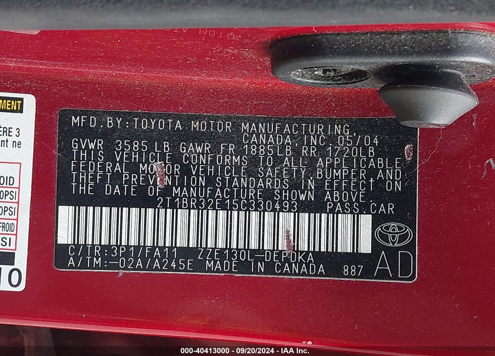 2005 TOYOTA COROLLA CE VIN: 2T1BR32E15C330493