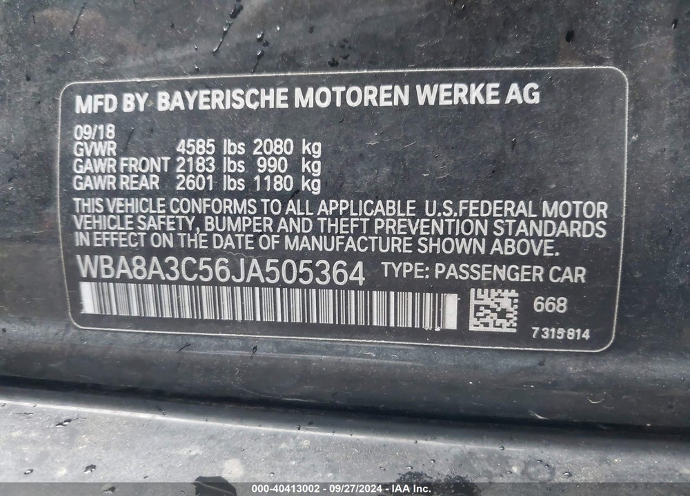 2018 BMW 320I XDRIVE VIN: WBA8A3C56JA505364