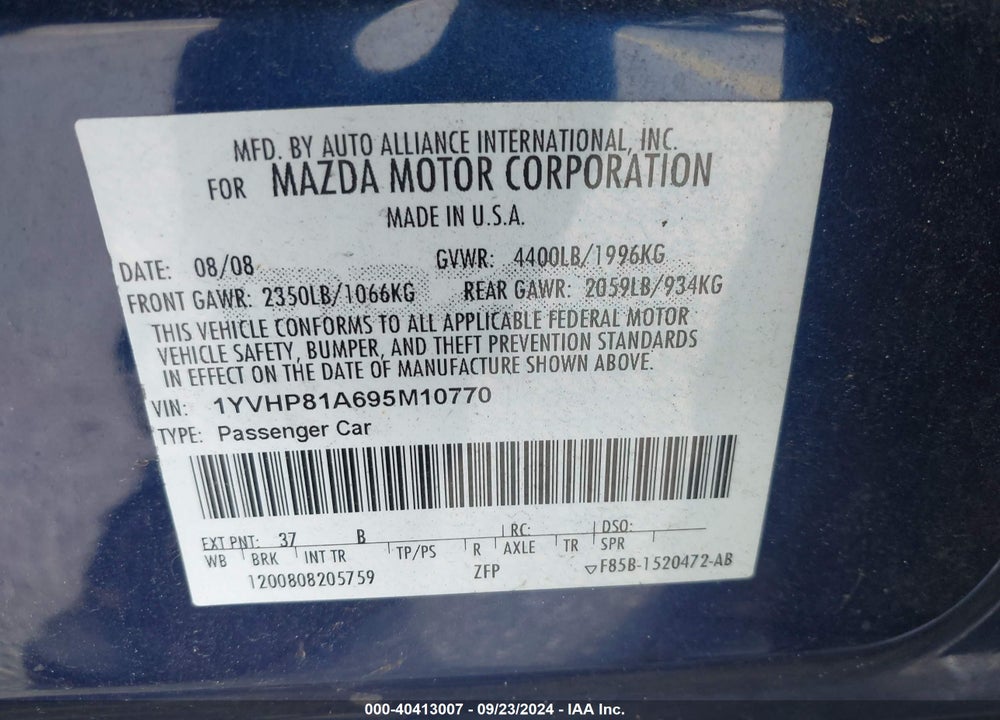 2009 MAZDA 6 I SPORT VIN: 1YVHP81A695M10770