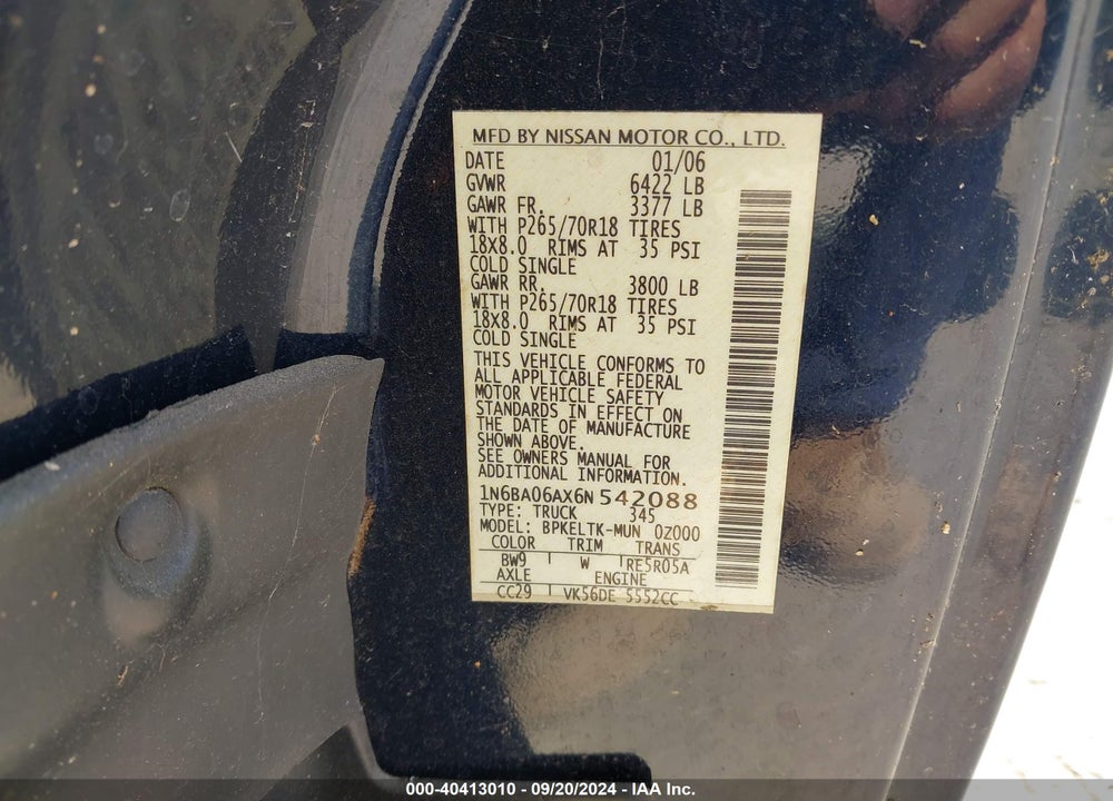 2006 NISSAN TITAN SE VIN: 1N6BA06AX6N542088