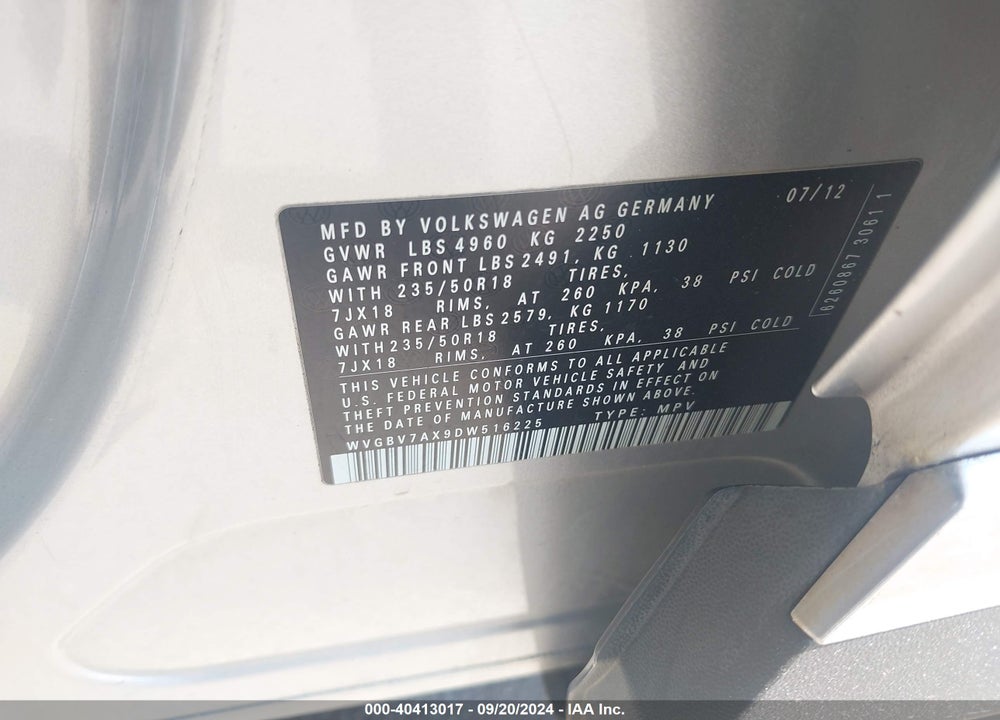 2013 VOLKSWAGEN TIGUAN SE VIN: WVGBV7AX9DW516225