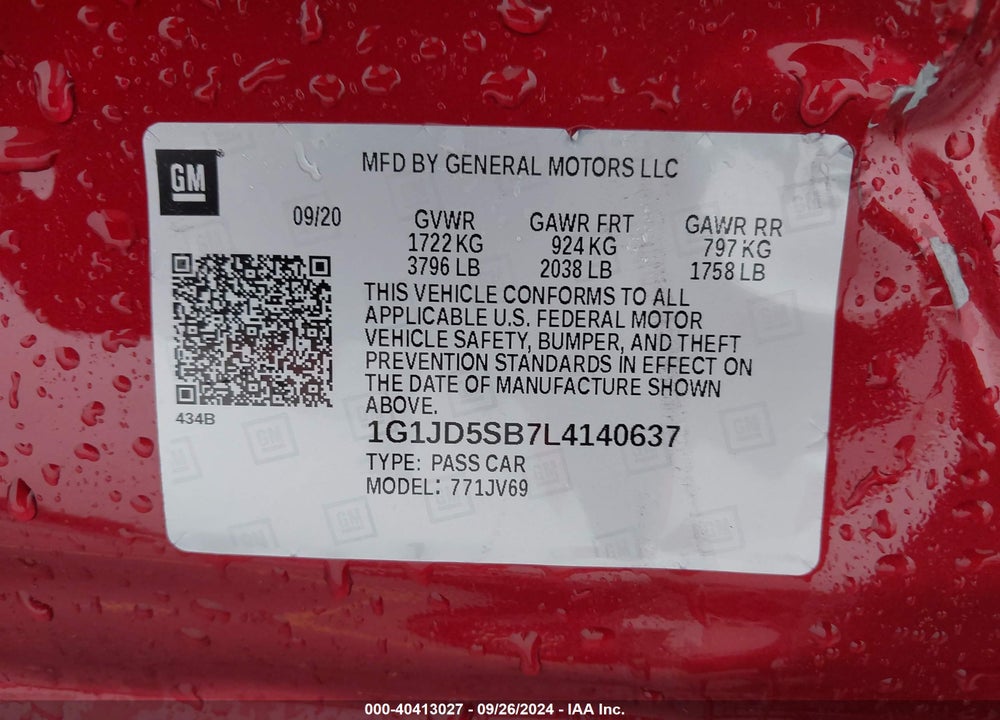 2020 CHEVROLET SONIC FWD  LT VIN: 1G1JD5SB7L4140637