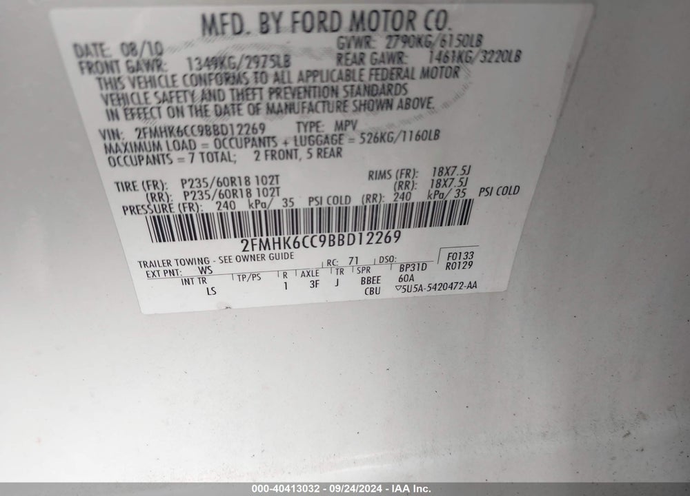 2011 FORD FLEX SEL VIN: 2FMHK6CC9BBD12269