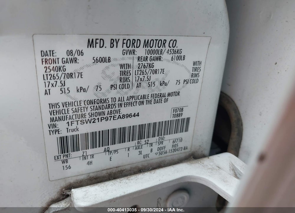 2007 FORD F-250 LARIAT/XL/XLT VIN: 1FTSW21P97EA89644