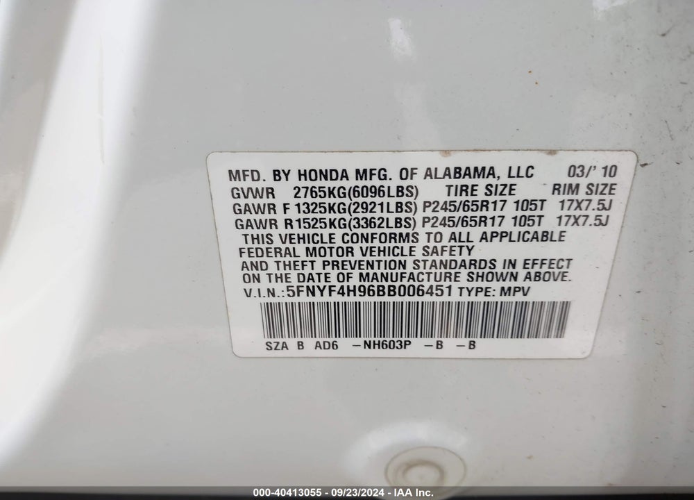 2011 HONDA PILOT TOURING VIN: 5FNYF4H96BB006451