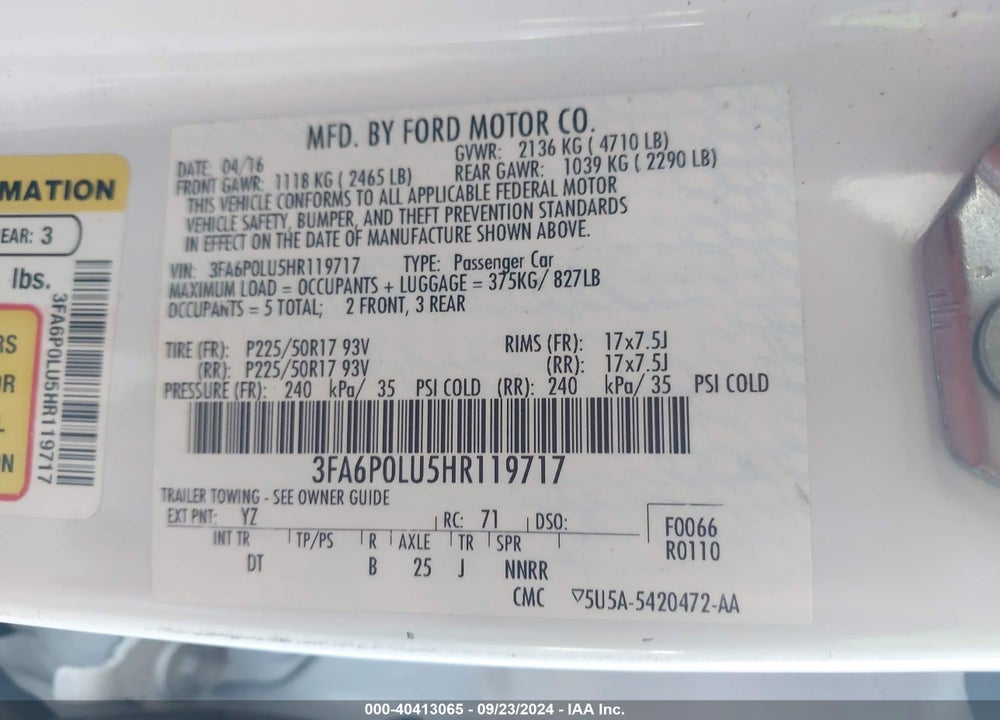2017 FORD FUSION HYBRID SE VIN: 3FA6P0LU5HR119717