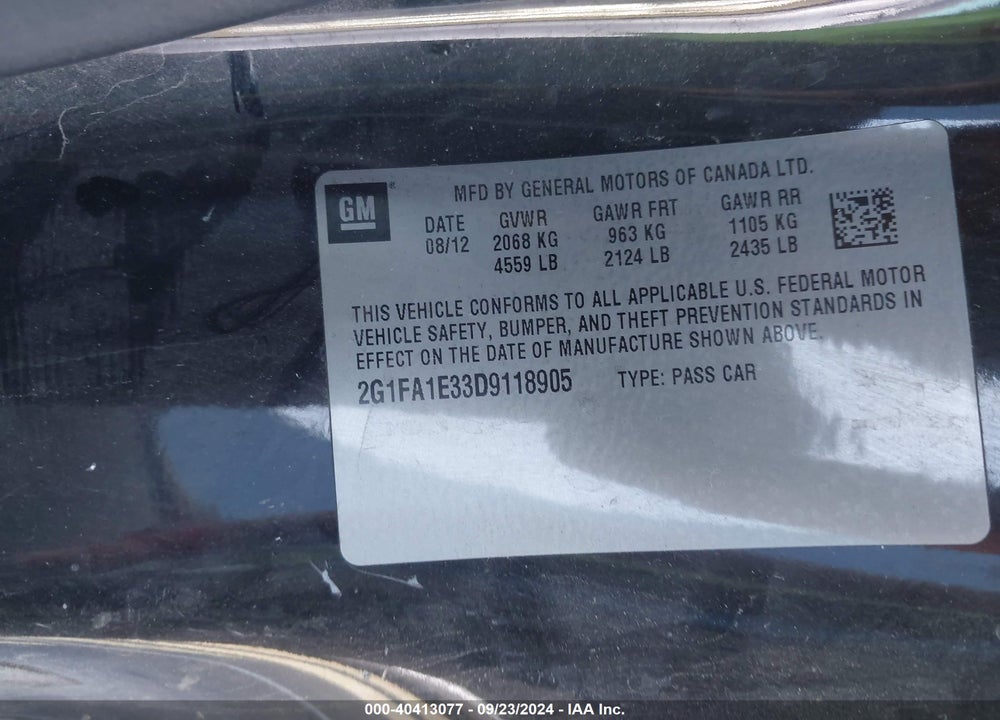 2013 CHEVROLET CAMARO 2LS VIN: 2G1FA1E33D9118905
