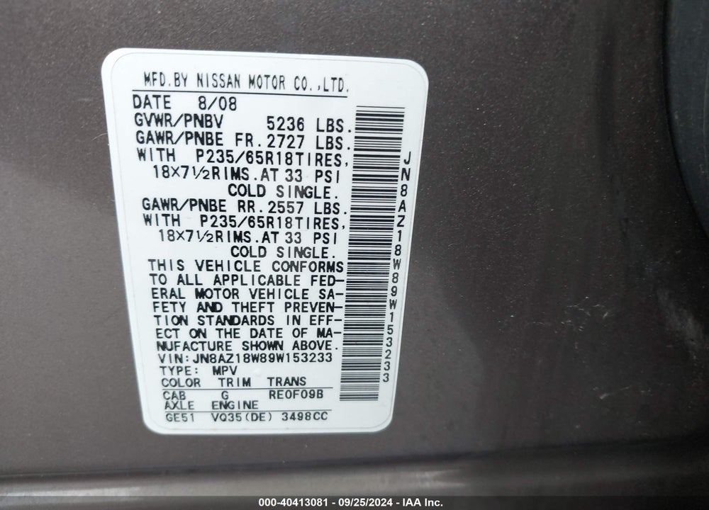 2009 NISSAN MURANO SL VIN: JN8AZ18W89W153233