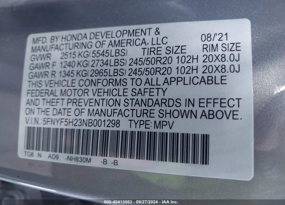 2022 HONDA PILOT 2WD SPECIAL EDITION VIN: 5FNYF5H23NB001298