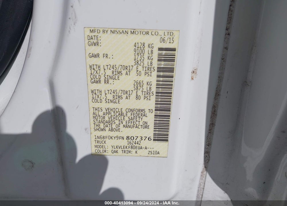 2015 NISSAN NV CARGO NV2500 HD SV V6 VIN: 1N6BF0KY9FN807376