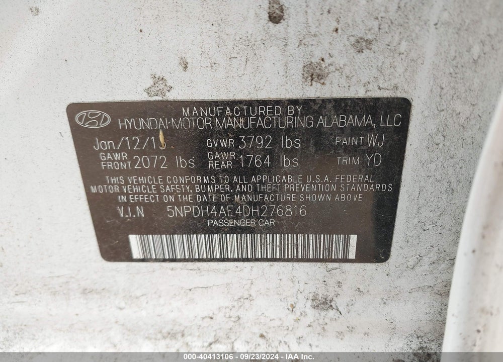 2013 HYUNDAI ELANTRA GLS VIN: 5NPDH4AE4DH276816