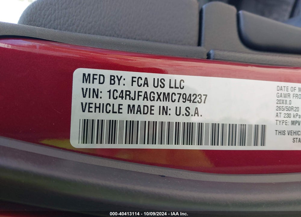 2021 JEEP GRAND CHEROKEE LAREDO X 4X4 VIN: 1C4RJFAGXMC794237