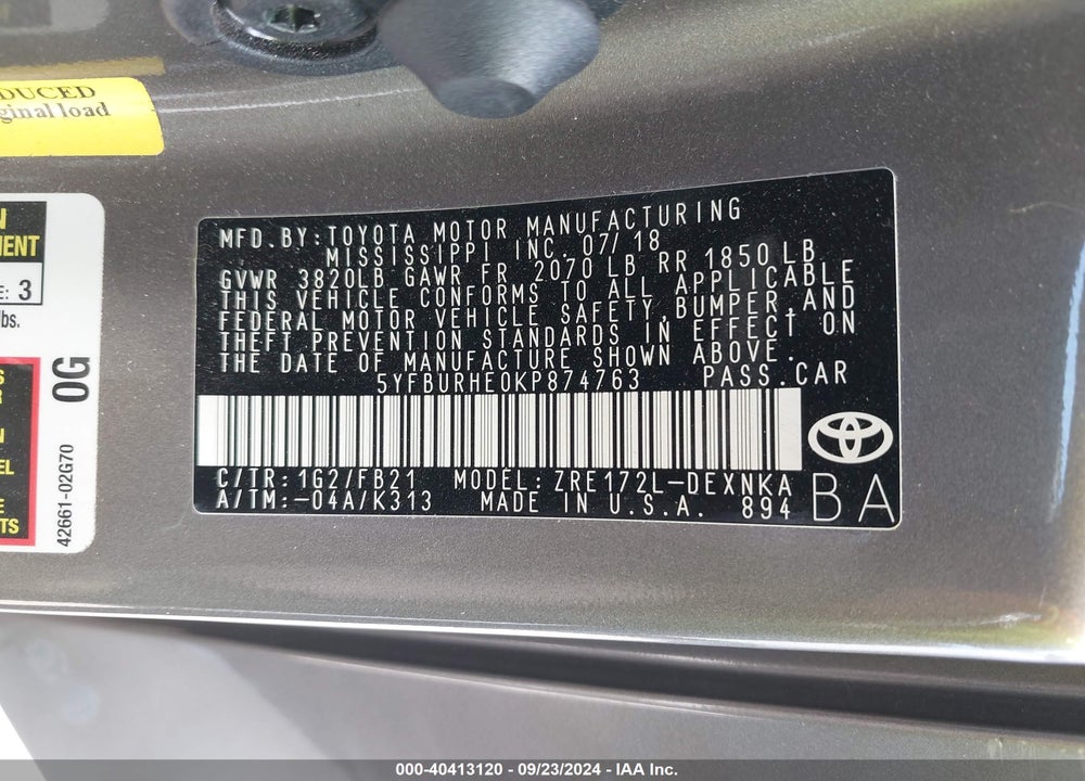 2019 TOYOTA COROLLA LE VIN: 5YFBURHE0KP874763