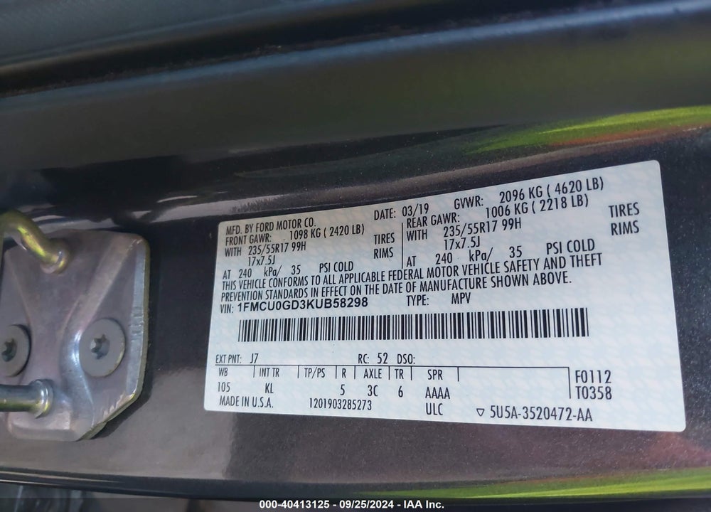 2019 FORD ESCAPE SE VIN: 1FMCU0GD3KUB58298