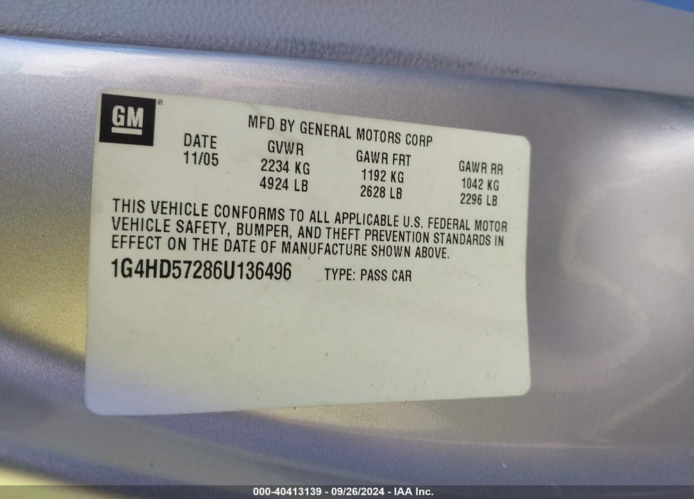 2006 BUICK LUCERNE CXL VIN: 1G4HD57286U136496