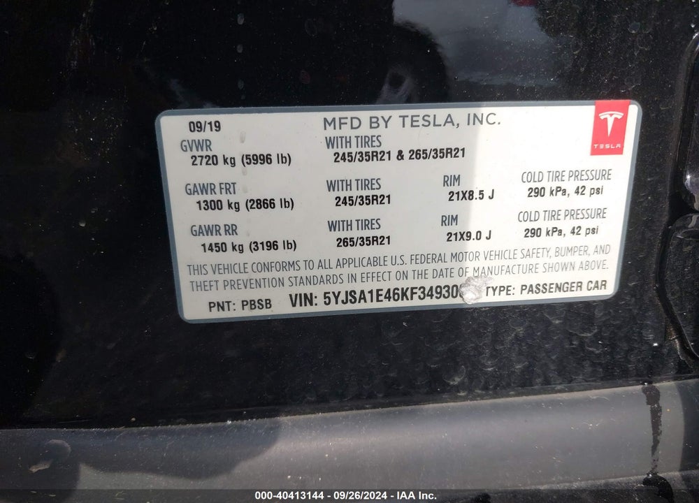 2019 TESLA MODEL S 100D/LONG RANGE/P100D/PERFORMANCE VIN: 5YJSA1E46KF349305