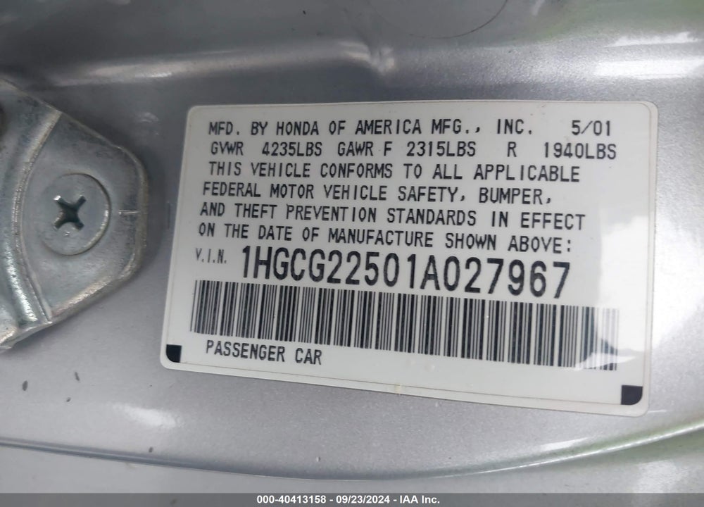 2001 HONDA ACCORD 3.0 EX VIN: 1HGCG22501A027967