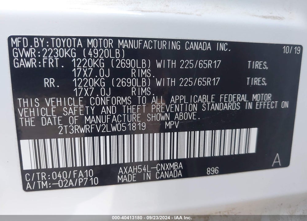 2020 TOYOTA RAV4 HYBRID XLE VIN: 2T3RWRFV2LW051819
