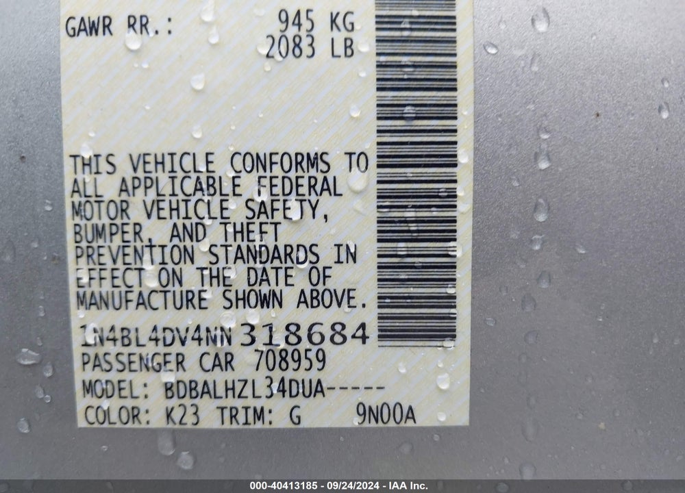 2022 NISSAN ALTIMA SV FWD VIN: 1N4BL4DV4NN318684