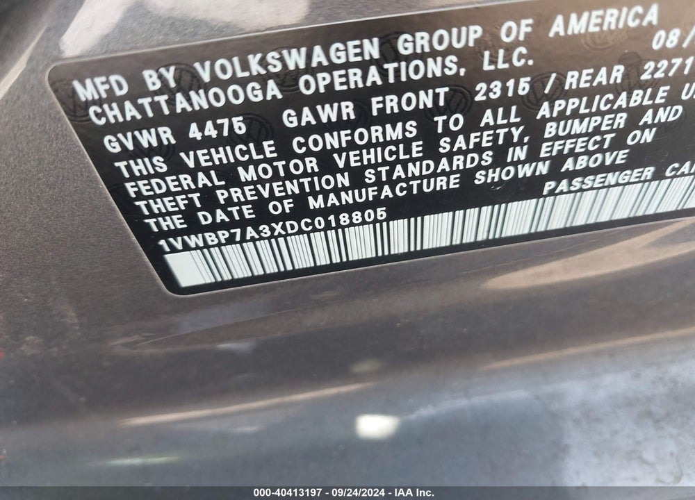 2013 VOLKSWAGEN PASSAT 2.5L SE VIN: 1VWBP7A3XDC018805