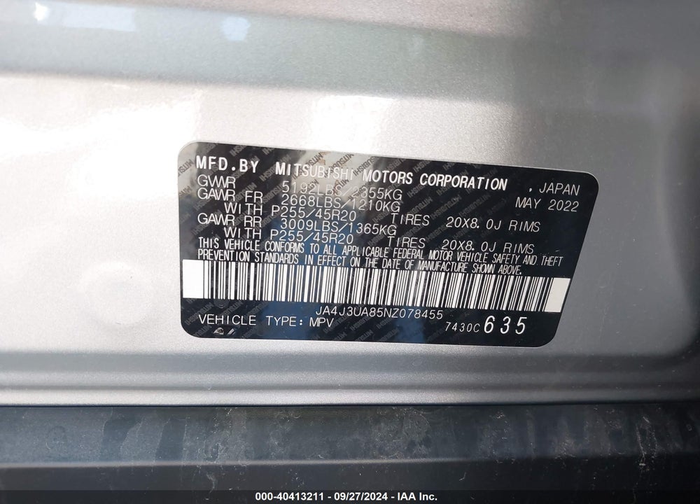 2022 MITSUBISHI OUTLANDER BLACK EDITION 2WD/SE 2.5 2WD/SE LAUNCH EDITION 2WD VIN: JA4J3UA85NZ078455