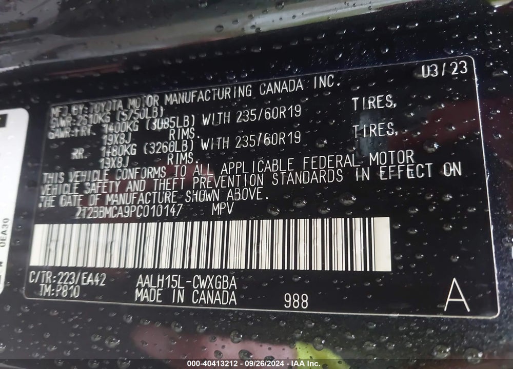 2023 LEXUS RX 350H VIN: 2T2BBMCA9PC010147