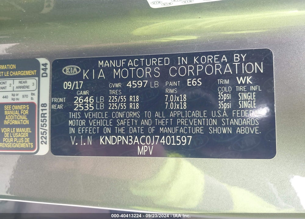 2018 KIA SPORTAGE EX VIN: KNDPN3AC0J7401597