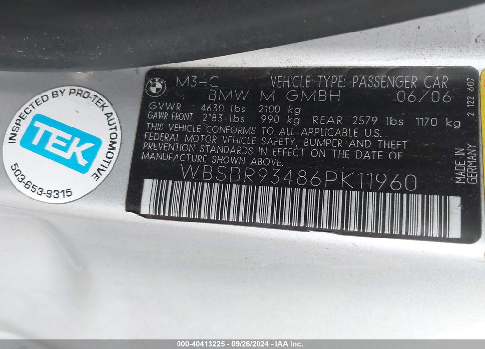 2006 BMW M3 VIN: WBSBR93486PK11960