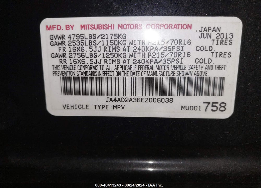 2014 MITSUBISHI OUTLANDER ES VIN: JA4AD2A36EZ006038
