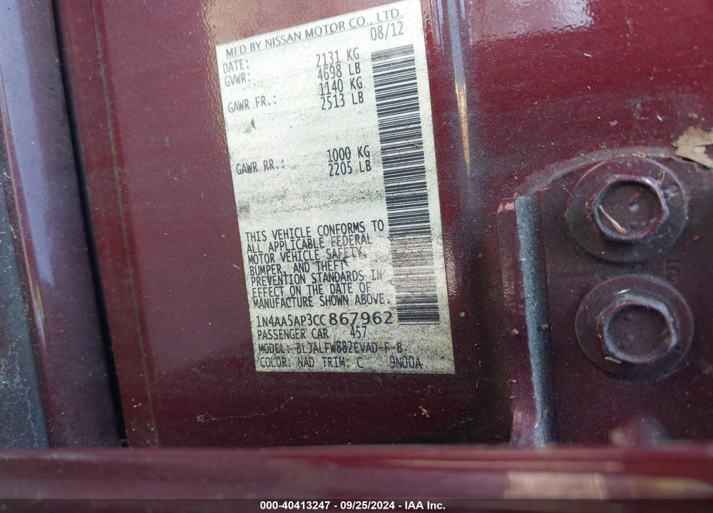 2012 NISSAN MAXIMA 3.5 SV VIN: 1N4AA5AP3CC867962