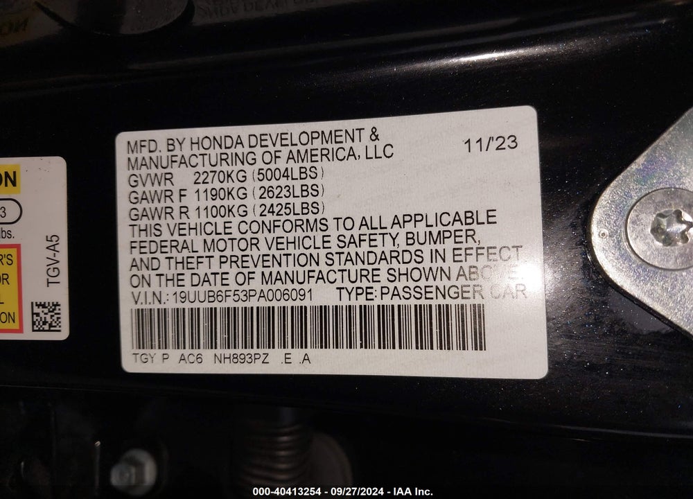 2023 ACURA TLX A-SPEC PACKAGE VIN: 19UUB6F53PA006091