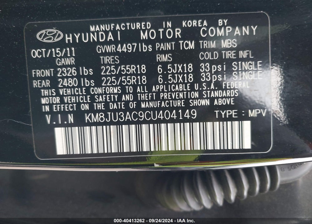 2012 HYUNDAI TUCSON LIMITED VIN: KM8JU3AC9CU404149