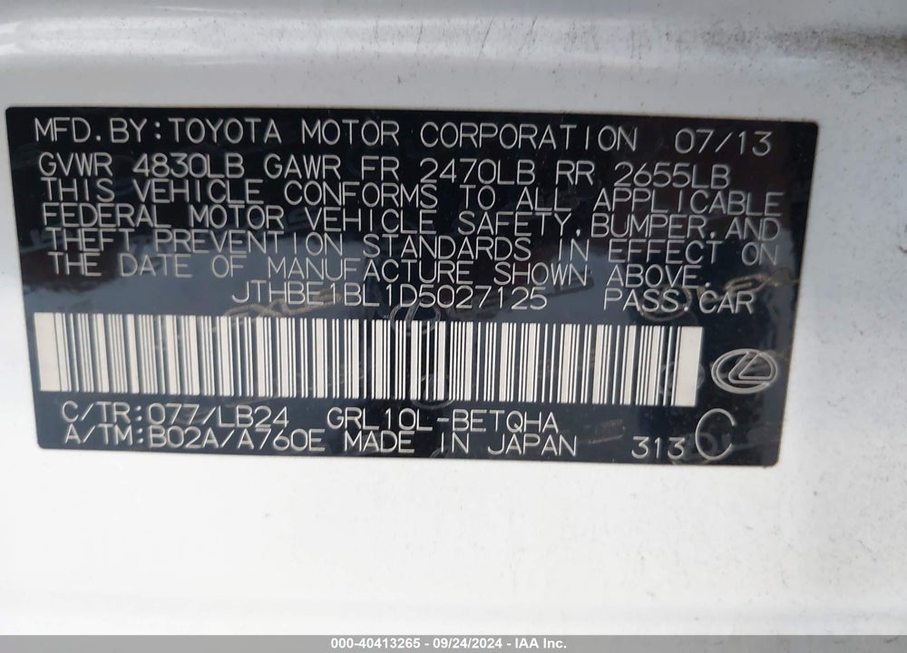 2013 LEXUS GS 350 VIN: JTHBE1BL1D5027125