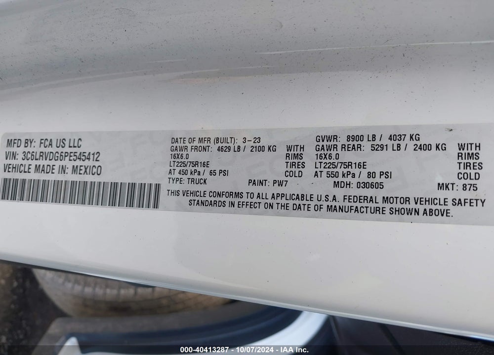 2023 RAM PROMASTER 2500 HIGH ROOF 159 WB VIN: 3C6LRVDG6PE545412
