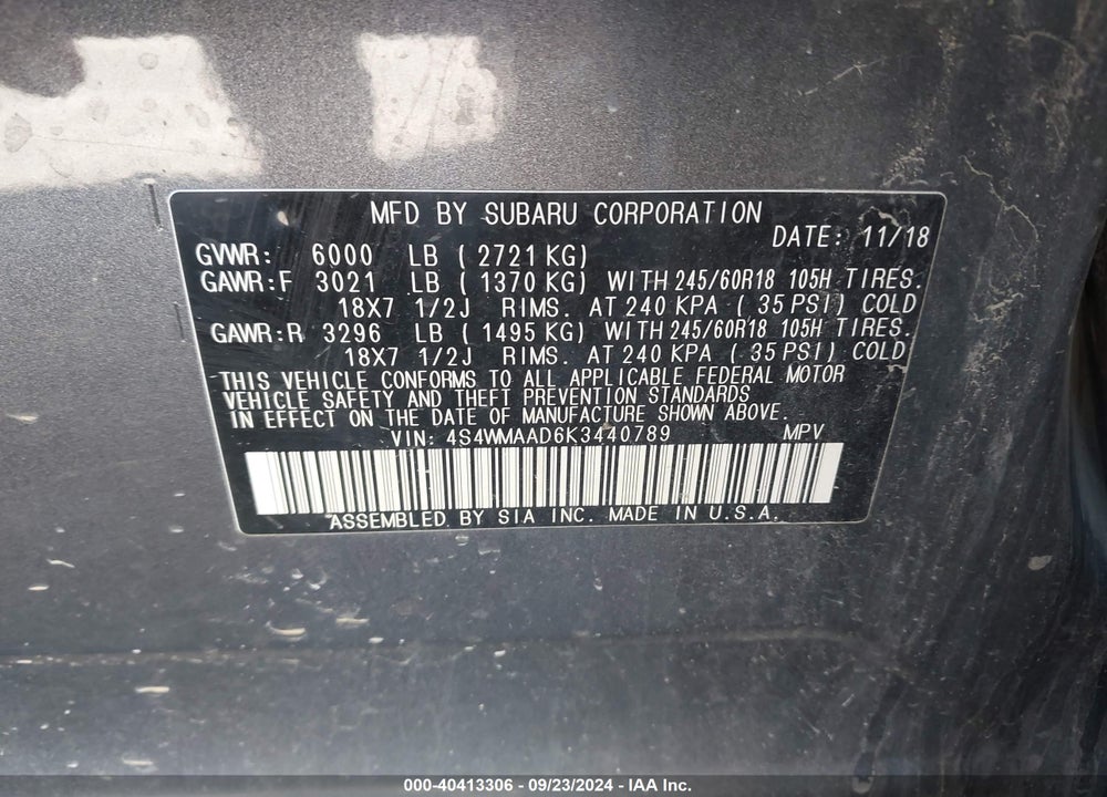 2019 SUBARU ASCENT VIN: 4S4WMAAD6K3440789