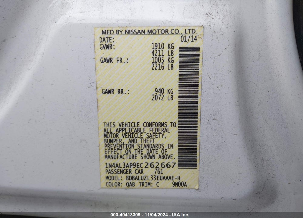 2014 NISSAN ALTIMA 2.5 SV VIN: 1N4AL3AP9EC262667