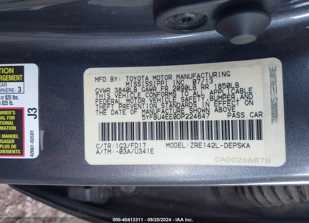 2013 TOYOTA COROLLA S VIN: 5YFBU4EE0DP224647