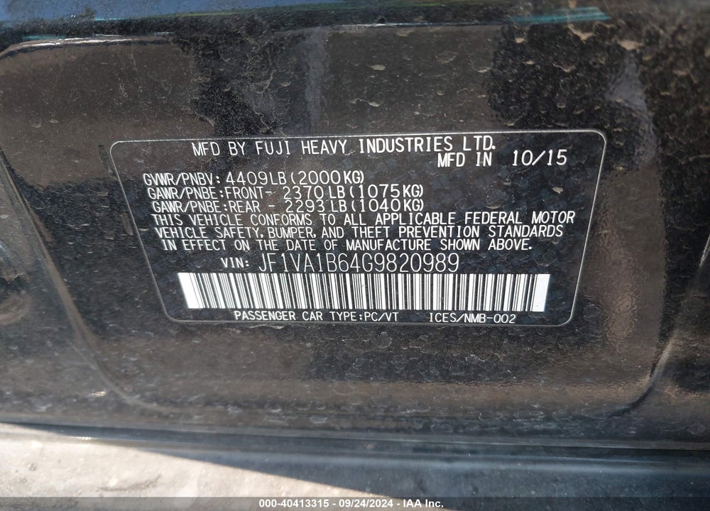 2016 SUBARU WRX VIN: JF1VA1B64G9820989