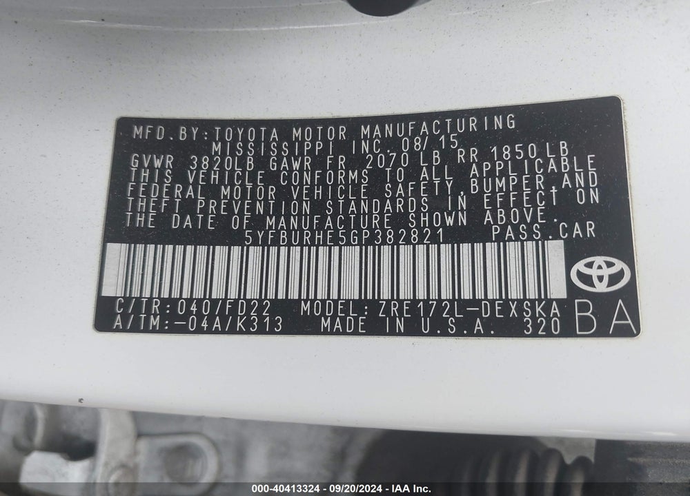 2016 TOYOTA COROLLA S PLUS VIN: 5YFBURHE5GP382821