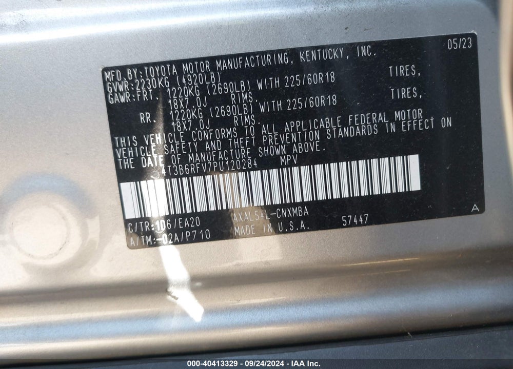 2023 TOYOTA RAV4 HYBRID XLE PREMIUM VIN: 4T3B6RFV7PU120284