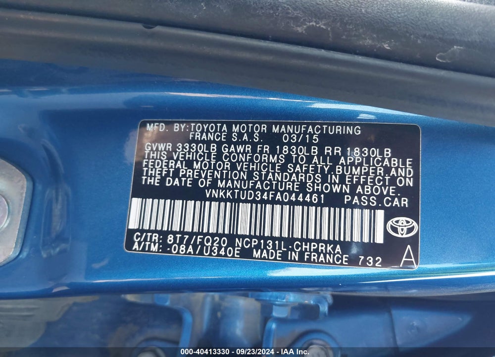 2015 TOYOTA YARIS L VIN: VNKKTUD34FA044461